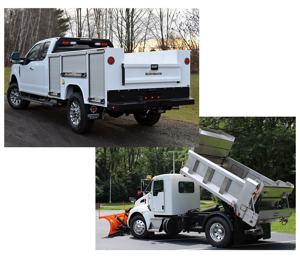Top: Showing Duramag r-series aluminum service body with roll up doors on driver side and magnum rack installed by Abco Truck Equipment Toledo Ohio and MichiganBottom:Showing snow truck with Buyers snowplow, dump truck body in up position, and tailgate salt spreader installed by Abco Truck Equipment Toledo Ohio and Michigan