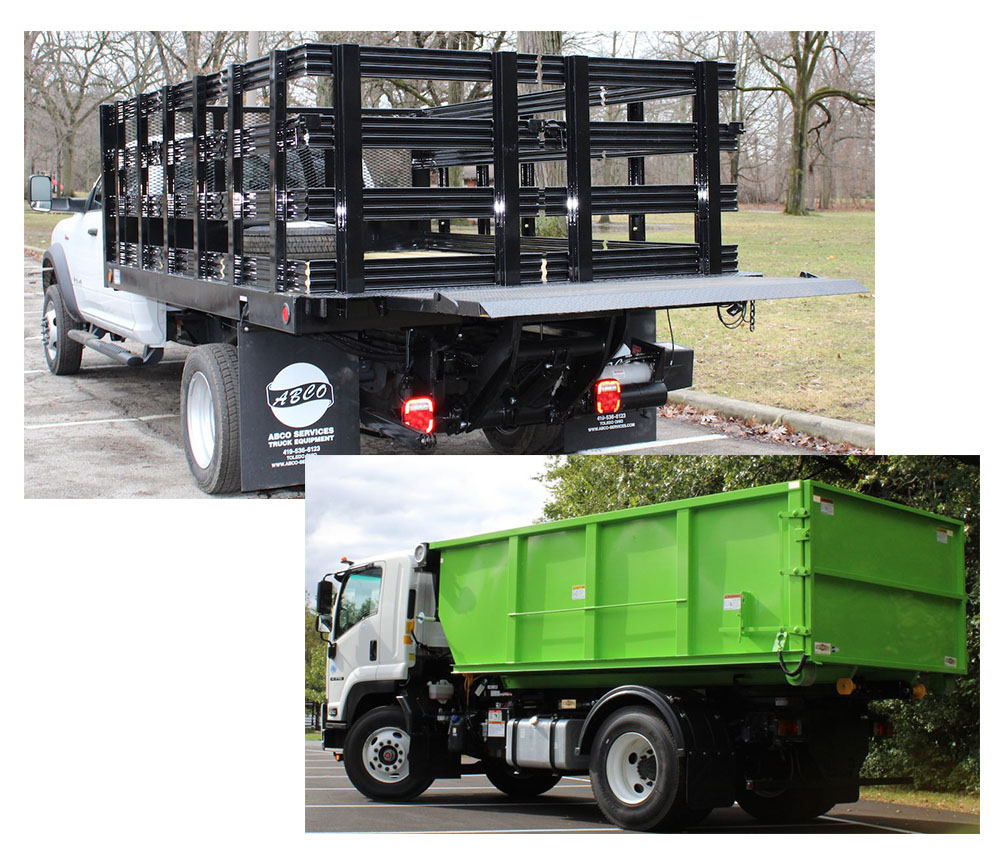 Top: Showing black steel flatbed stake truck body with tommy gate liftgate and mudflaps installed by Abco Truck Equipment Toledo Ohio and Michigan Bottom: Showing switchngo drop box roll off container truck body and switch-n-go hoist system installed on LCF chassis by Abco Truck Equipment Toledo Ohio and Michigan