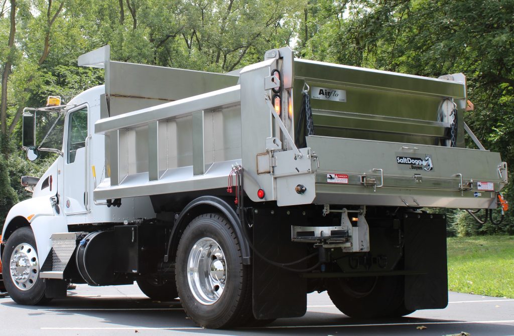 Showing airflo dump body installed on municipal snow truck with buyers saltdogg tailgate salt spreader installed by Abco Truck Equipment Toledo Ohio and Michigan