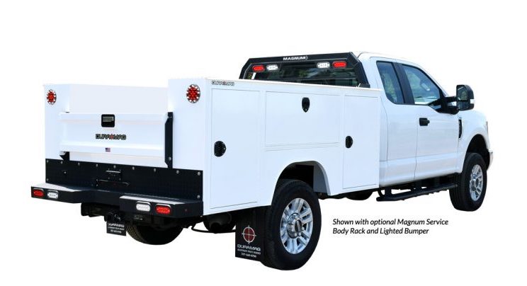 Showing duramag s-series white aluminum service body with mag rack and LED safety work truck lighting available at Abco Truck Equipment Toledo Ohio and Michigan